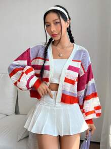 SHEIN EZwear Color Block Lantern Sleeve Pointelle Knit Cardigan - Multicolor - View 7