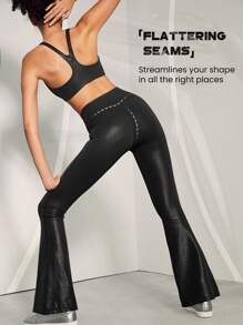 GLOWMODE 31" Foiled Leather Effect V-Shaped Waist Flared Brushed Sports Leggings - Black - View 3