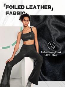 GLOWMODE 31" Foiled Leather Effect V-Shaped Waist Flared Brushed Sports Leggings - Black - View 4