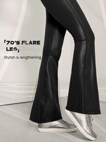 GLOWMODE 31" Foiled Leather Effect V-Shaped Waist Flared Brushed Sports Leggings - Black - View 5