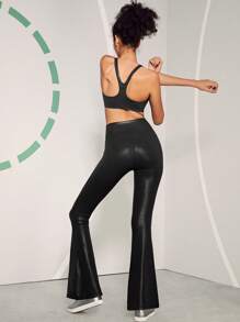 GLOWMODE 31" Foiled Leather Effect V-Shaped Waist Flared Brushed Sports Leggings - Black - View 6