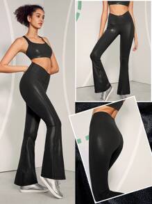 GLOWMODE 31" Foiled Leather Effect V-Shaped Waist Flared Brushed Sports Leggings - Black - View 7