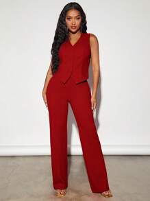 SHEIN SXY Solid Button Front Waistcoat & Pants In Fall/Winter - Red - View 1