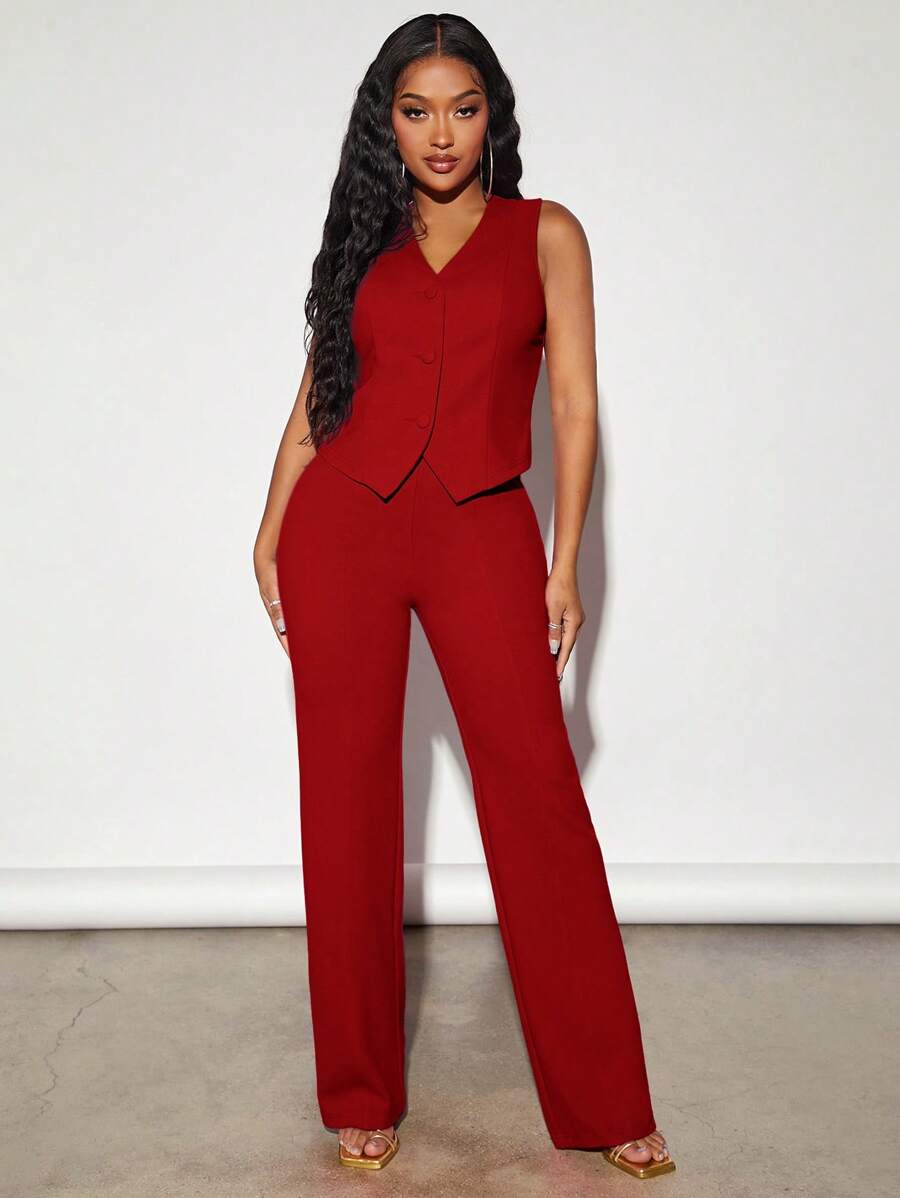 SHEIN SXY Solid Button Front Waistcoat & Pants In Fall/Winter - Red - View 1