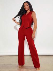 SHEIN SXY Solid Button Front Waistcoat & Pants In Fall/Winter - Red - View 3