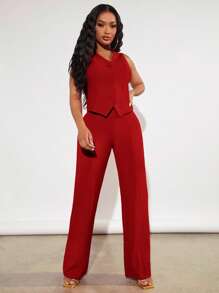 SHEIN SXY Solid Button Front Waistcoat & Pants In Fall/Winter - Red - View 4