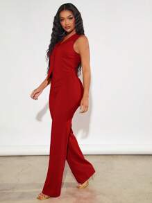 SHEIN SXY Solid Button Front Waistcoat & Pants In Fall/Winter - Red - View 5