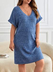 SHEIN Frenchy Talla grande Vestido estilo camiseta de manga murciélago - Azul - Ver 1