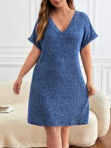 SHEIN Frenchy Talla grande Vestido estilo camiseta de manga murciélago - Azul - Ver 3