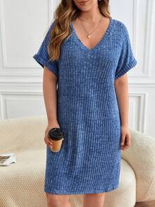 SHEIN Frenchy Talla grande Vestido estilo camiseta de manga murciélago - Azul - Ver 5