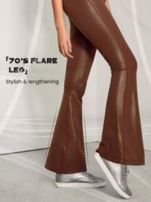 GLOWMODE 31" Foiled Leather Effect V-Shaped Waist Flared Brushed Sports Leggings - Brown - View 5