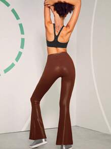 GLOWMODE 31" Foiled Leather Effect V-Shaped Waist Flared Brushed Sports Leggings - Brown - View 6