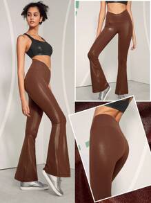 GLOWMODE 31" Foiled Leather Effect V-Shaped Waist Flared Brushed Sports Leggings - Brown - View 7