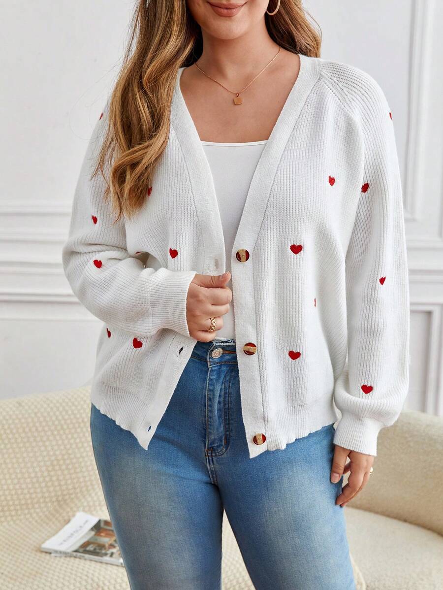 SHEIN Frenchy Hơn Thêu trái tim Tay Raglan Nút phía trước Áo len Mở - trắng - Xem 1