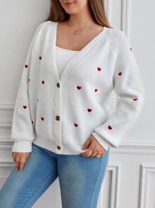 SHEIN Frenchy Hơn Thêu trái tim Tay Raglan Nút phía trước Áo len Mở - trắng - Xem 3