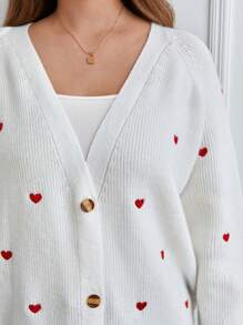 SHEIN Frenchy Hơn Thêu trái tim Tay Raglan Nút phía trước Áo len Mở - trắng - Xem 5