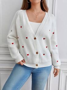 SHEIN Frenchy Hơn Thêu trái tim Tay Raglan Nút phía trước Áo len Mở - trắng - Xem 6