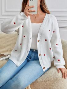 SHEIN Frenchy Hơn Thêu trái tim Tay Raglan Nút phía trước Áo len Mở - trắng - Xem 7
