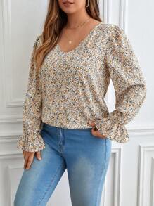 SHEIN Frenchy Plus Ditsy Floral Print Tie Back Flare Sleeve Blouse - Multicolor - View 6