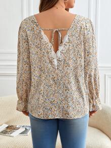 SHEIN Frenchy Plus Ditsy Floral Print Tie Back Flare Sleeve Blouse - Multicolor - View 7