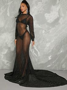 SHEIN Unity Vestido De Cola De Sirena Con Brillo A Rayas - Negro - Ver 3