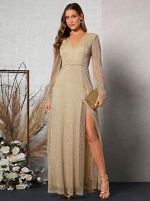 SHEIN Belle 开叉大腿闪光礼服优雅长袖舞会晚会婚礼宾客礼服，适合毕业典礼、晚宴派对礼服 - 香檳色 - 查看 3