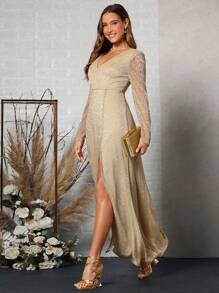 SHEIN Belle 开叉大腿闪光礼服优雅长袖舞会晚会婚礼宾客礼服，适合毕业典礼、晚宴派对礼服 - 香檳色 - 查看 5