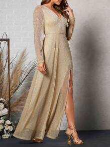 SHEIN Belle 开叉大腿闪光礼服优雅长袖舞会晚会婚礼宾客礼服，适合毕业典礼、晚宴派对礼服 - 香檳色 - 查看 6