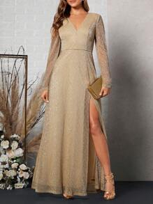 SHEIN Belle 开叉大腿闪光礼服优雅长袖舞会晚会婚礼宾客礼服，适合毕业典礼、晚宴派对礼服 - 香檳色 - 查看 1