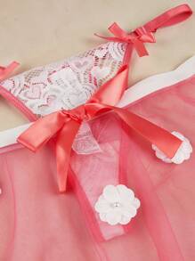 花卉蕾絲貼花前蝴蝶結內衣套裝 - 紅白色 - 查看 6