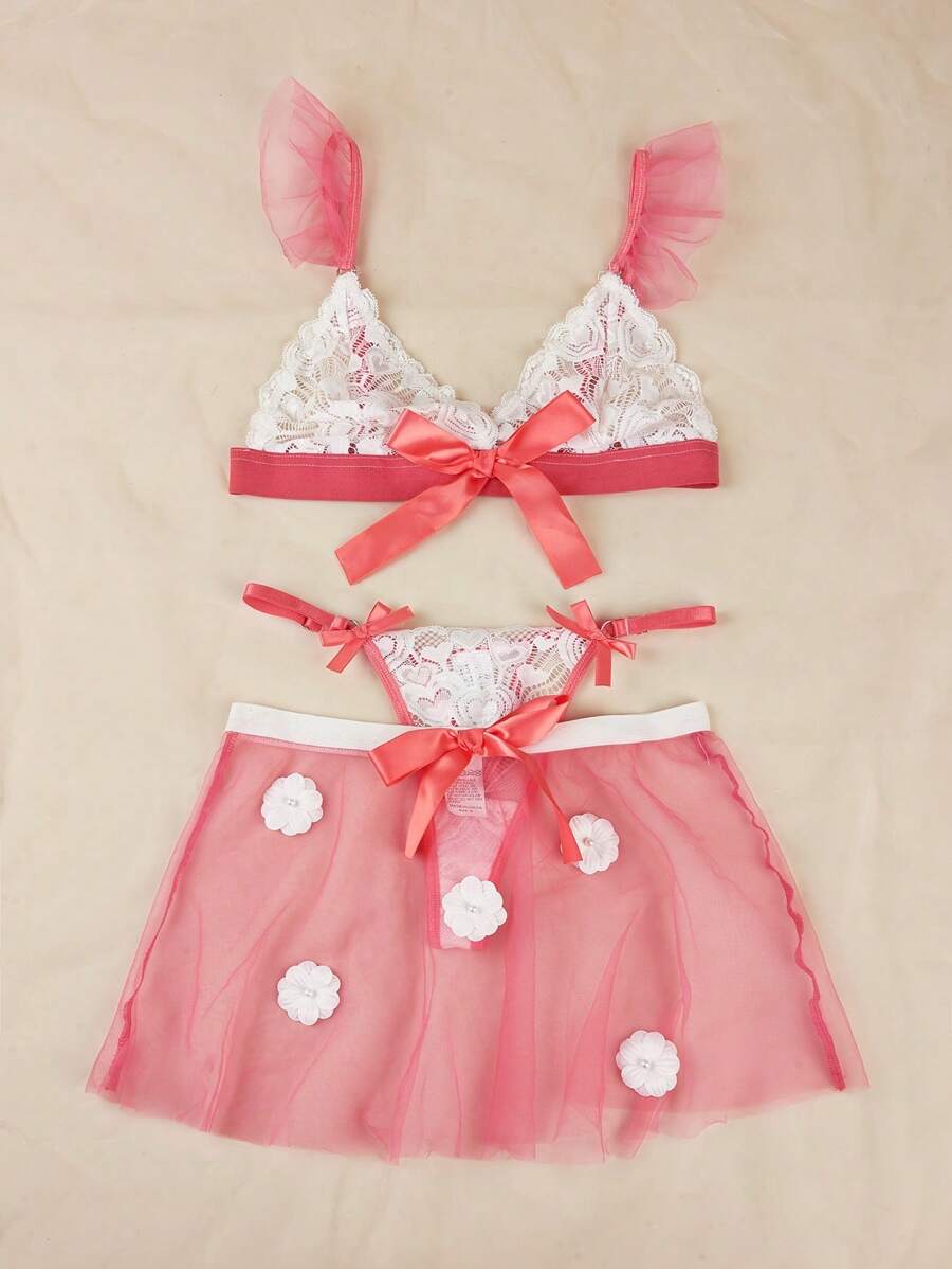 花卉蕾絲貼花前蝴蝶結內衣套裝 - 紅白色 - 查看 1