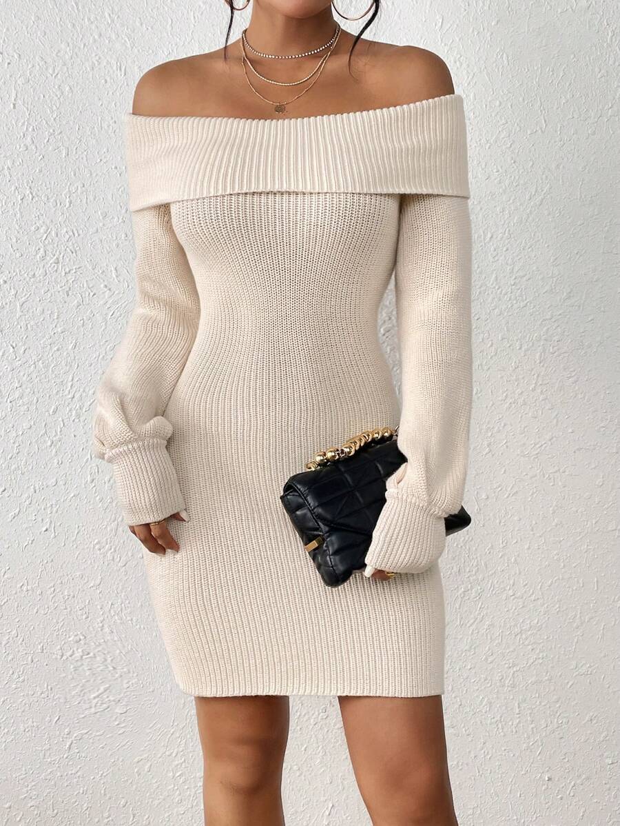 Chiquease 折邊一字肩毛衣洋裝