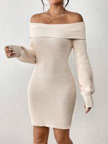 Chiquease 折邊一字肩毛衣洋裝