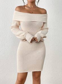 Chiquease 折邊一字肩毛衣洋裝