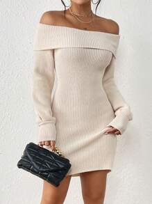 Chiquease 折邊一字肩毛衣洋裝