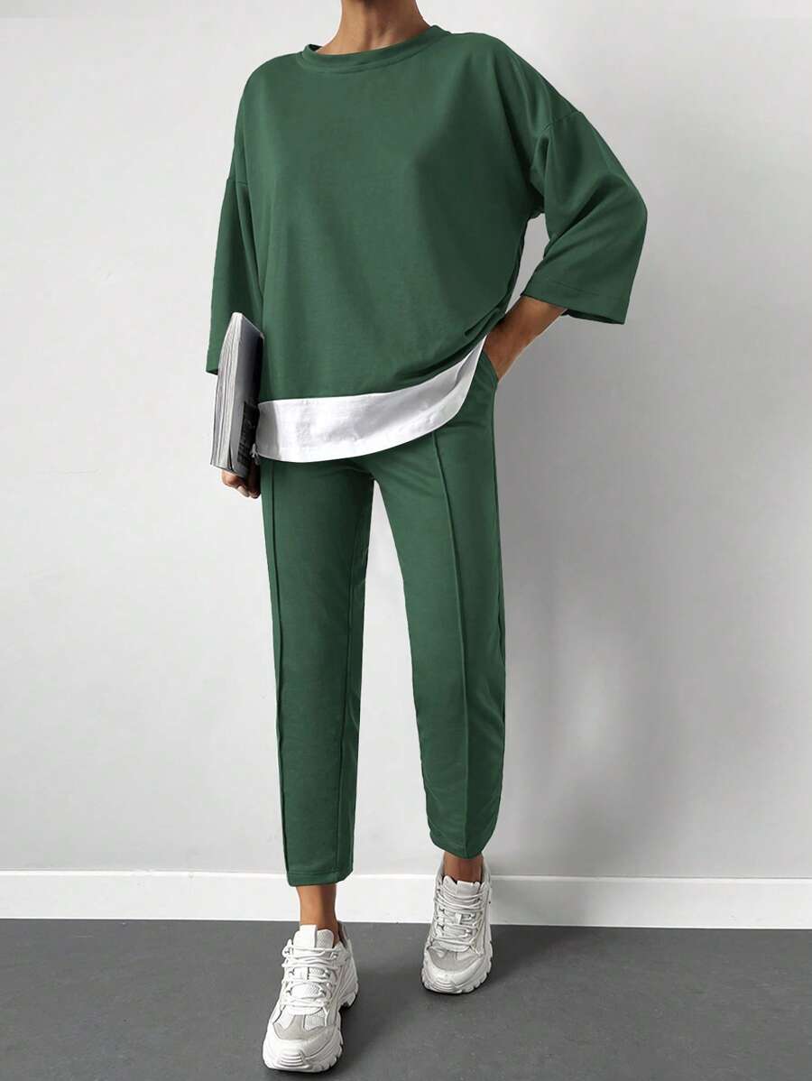 Women's Solid Color Minimalist Daily Wear Round Neck Long Sleeve Top And Pants 2-Piece Set - Green - View 1