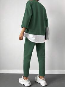 Women's Solid Color Minimalist Daily Wear Round Neck Long Sleeve Top And Pants 2-Piece Set - Green - View 2