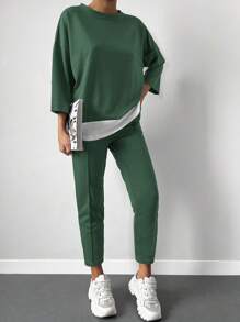Women's Solid Color Minimalist Daily Wear Round Neck Long Sleeve Top And Pants 2-Piece Set - Green - View 3