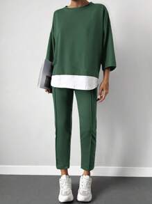 Women's Solid Color Minimalist Daily Wear Round Neck Long Sleeve Top And Pants 2-Piece Set - Green - View 4