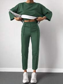 Women's Solid Color Minimalist Daily Wear Round Neck Long Sleeve Top And Pants 2-Piece Set - Green - View 5