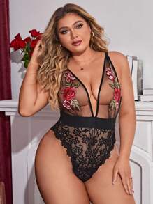 SHEIN Plus Floral Lace Embroidery Teddy Bodysuit