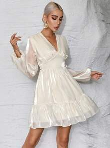 SHEIN Privé 深V領燈籠袖荷葉邊歐根紗連衣裙 - 杏色 - 查看 3