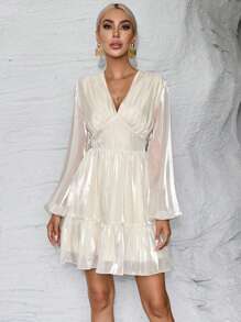 SHEIN Privé 深V領燈籠袖荷葉邊歐根紗連衣裙 - 杏色 - 查看 4