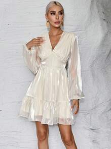 SHEIN Privé 深V領燈籠袖荷葉邊歐根紗連衣裙 - 杏色 - 查看 5