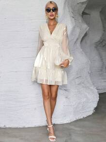 SHEIN Privé 深V領燈籠袖荷葉邊歐根紗連衣裙 - 杏色 - 查看 6