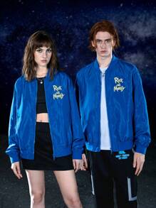 Rick and Morty X SHEIN 1 pieza Cazadora tipo bomber con estampado de letra y dibujos animados de hombros caídos