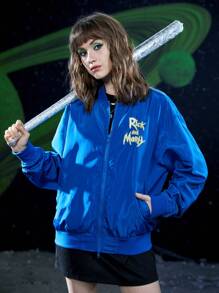 Rick and Morty X SHEIN 1 pieza Cazadora tipo bomber con estampado de letra y dibujos animados de hombros caídos