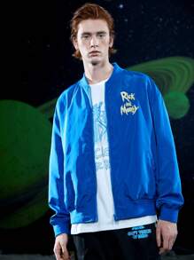 Rick and Morty X SHEIN 1 pieza Cazadora tipo bomber con estampado de letra y dibujos animados de hombros caídos