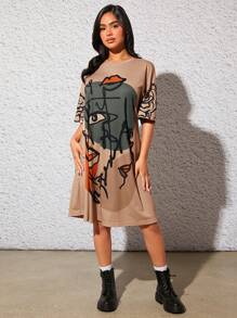 SHEIN 孕婦人像圖案落肩T恤連衣裙 - 卡其色 - 查看 5