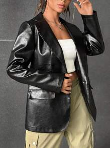 SHEIN EZwear Lapel Neck Patent Blazer - Black - View 3